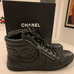 Chanel Black Leather High Top Sneakers